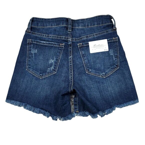Kancan Dark Wash Blue High Rise Fray Hem Jean Denim Shorts Size 0 23 Stretch - Picture 2 of 6